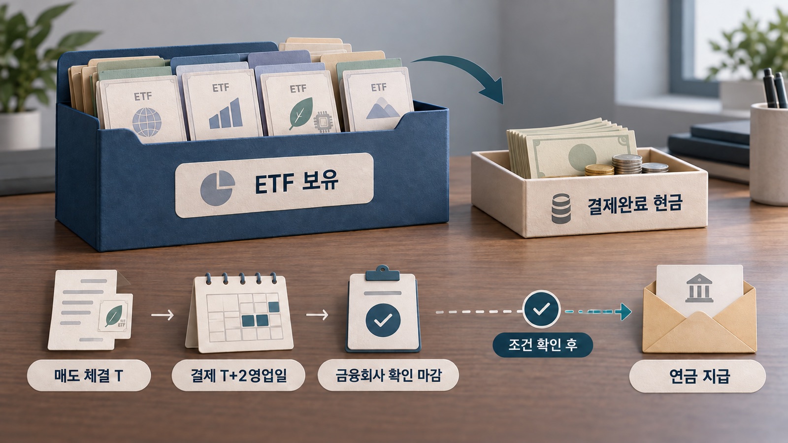 연금저축 ETF 보유분과 결제완료 현금을 구분하고 매도·결제·금융회사 마감 확인 후 연금 지급으로 이어지는 조건부 순서