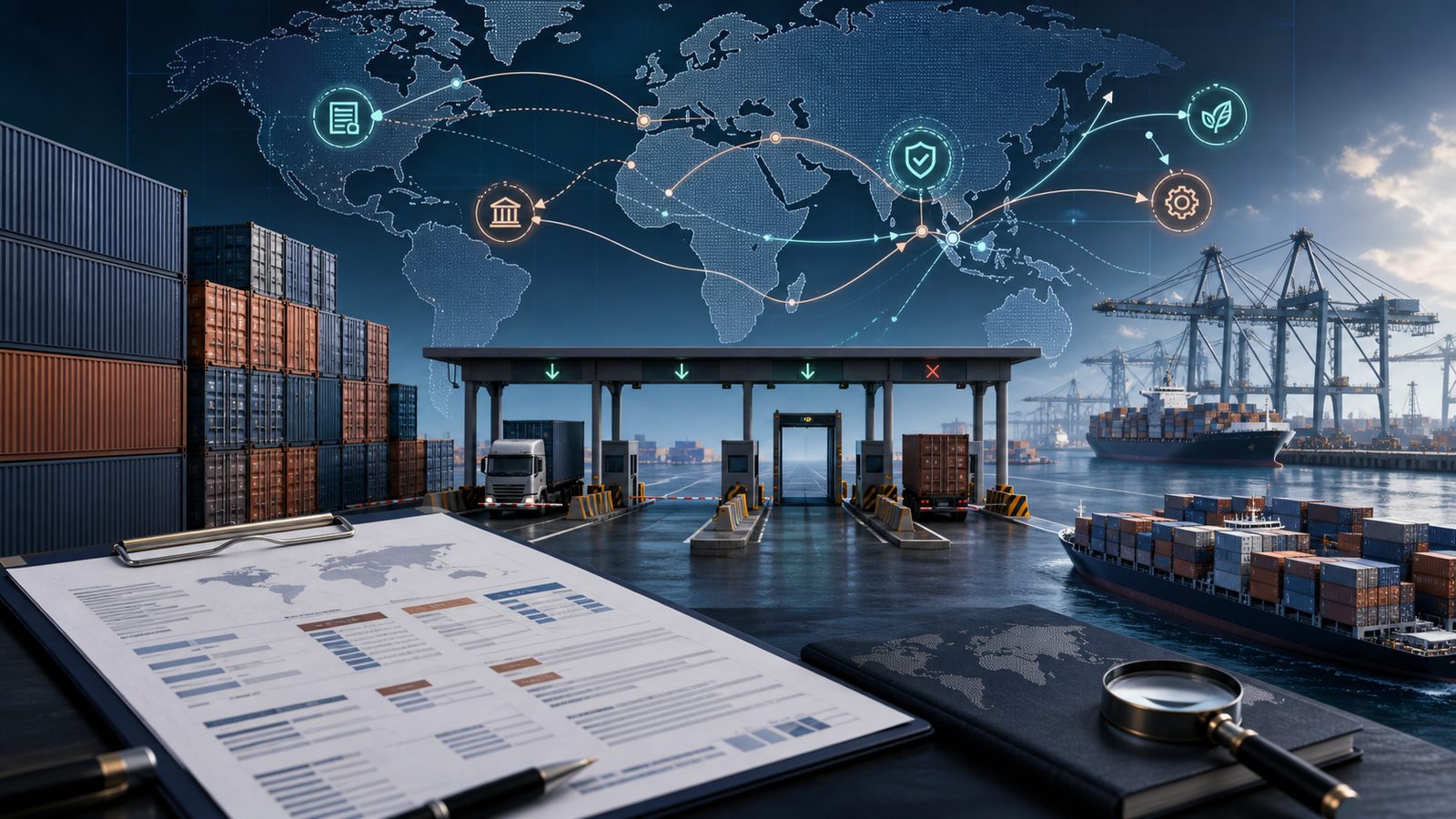 관세 적용 범위와 원산지 확인, 전략 품목 예외를 보여 주는 통관 검사대와 컨테이너 무역 경로